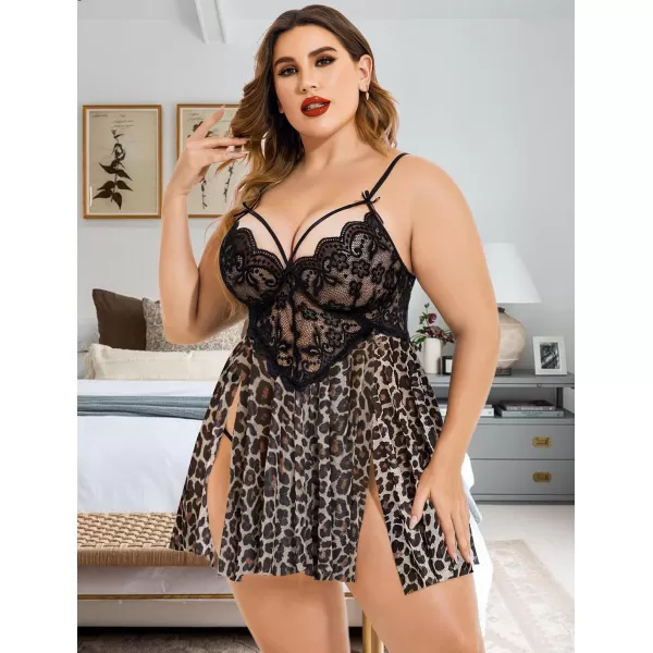 Avidlove Plus Size Lingerie Lace Babydoll Womens Strap Chemise Nightgown V Neck Nighty Mesh Sleepwear Side Slit NightdressPlus Size 1leopard