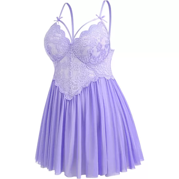 Avidlove Plus Size Lingerie Lace Babydoll Womens Strap Chemise Nightgown V Neck Nighty Mesh Sleepwear Side Slit NightdressPlus Size 1lilac