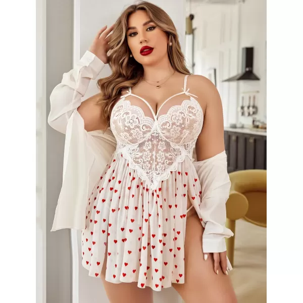 Avidlove Plus Size Lingerie Lace Babydoll Womens Strap Chemise Nightgown V Neck Nighty Mesh Sleepwear Side Slit NightdressPlus Size 1love Heart Print