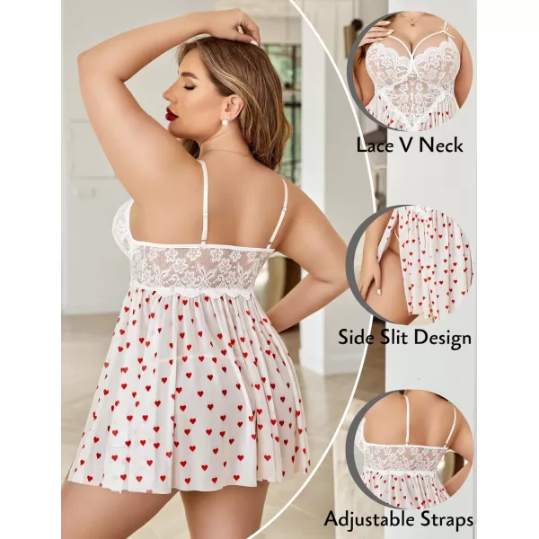 Avidlove Plus Size Lingerie Lace Babydoll Womens Strap Chemise Nightgown V Neck Nighty Mesh Sleepwear Side Slit NightdressPlus Size 1love Heart Print