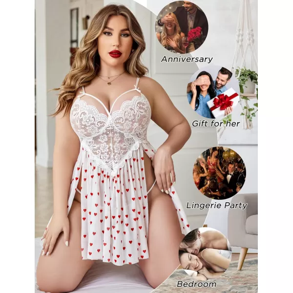 Avidlove Plus Size Lingerie Lace Babydoll Womens Strap Chemise Nightgown V Neck Nighty Mesh Sleepwear Side Slit NightdressPlus Size 1love Heart Print