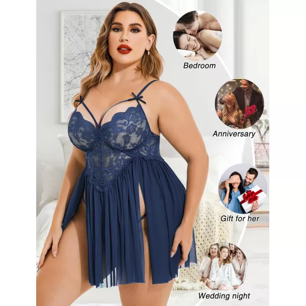 Avidlove Plus Size Lingerie Lace Babydoll Womens Strap Chemise Nightgown V Neck Nighty Mesh Sleepwear Side Slit NightdressPlus Size 1navy Blue