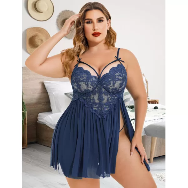 Avidlove Plus Size Lingerie Lace Babydoll Womens Strap Chemise Nightgown V Neck Nighty Mesh Sleepwear Side Slit NightdressPlus Size 1navy Blue