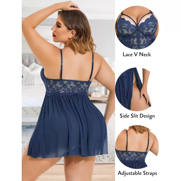 Avidlove Plus Size Lingerie Lace Babydoll Womens Strap Chemise Nightgown V Neck Nighty Mesh Sleepwear Side Slit NightdressPlus Size 1navy Blue