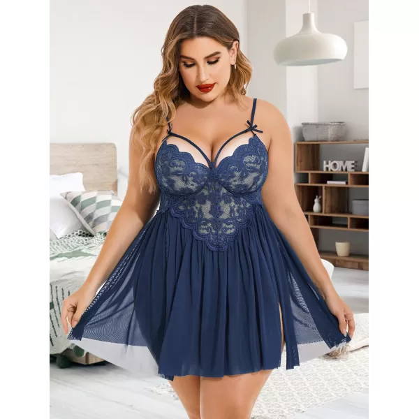 Avidlove Plus Size Lingerie Lace Babydoll Womens Strap Chemise Nightgown V Neck Nighty Mesh Sleepwear Side Slit NightdressPlus Size 1navy Blue