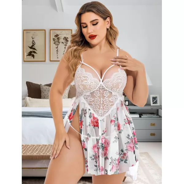 Avidlove Plus Size Lingerie Lace Babydoll Womens Strap Chemise Nightgown V Neck Nighty Mesh Sleepwear Side Slit NightdressPlus Size 1peony Print