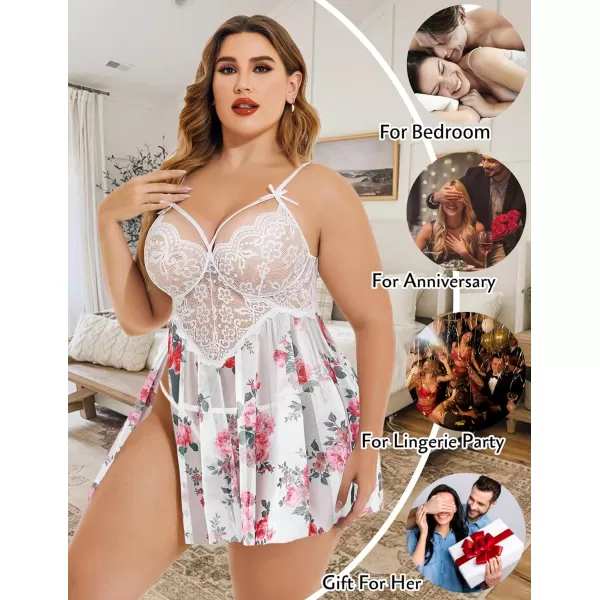 Avidlove Plus Size Lingerie Lace Babydoll Womens Strap Chemise Nightgown V Neck Nighty Mesh Sleepwear Side Slit NightdressPlus Size 1peony Print