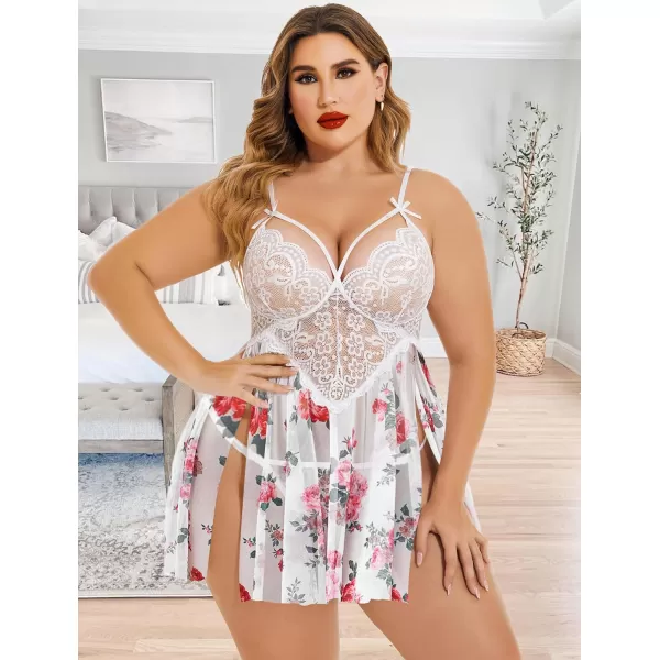 Avidlove Plus Size Lingerie Lace Babydoll Womens Strap Chemise Nightgown V Neck Nighty Mesh Sleepwear Side Slit NightdressPlus Size 1peony Print