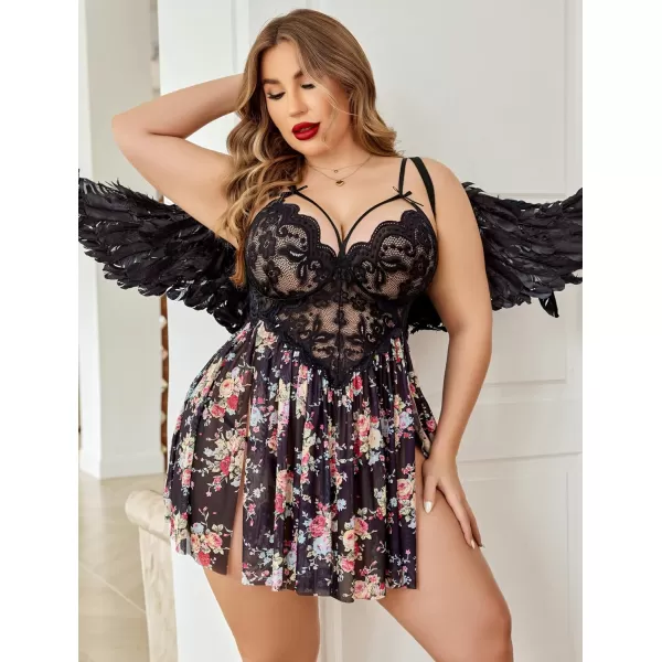 Avidlove Plus Size Lingerie Lace Babydoll Womens Strap Chemise Nightgown V Neck Nighty Mesh Sleepwear Side Slit NightdressPlus Size 1pink Flower Print