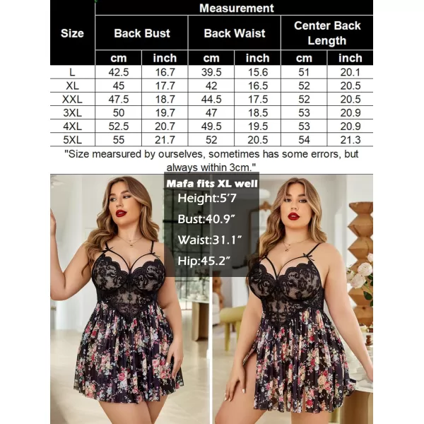 Avidlove Plus Size Lingerie Lace Babydoll Womens Strap Chemise Nightgown V Neck Nighty Mesh Sleepwear Side Slit NightdressPlus Size 1pink Flower Print