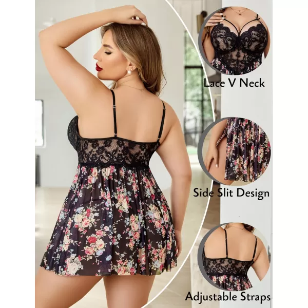 Avidlove Plus Size Lingerie Lace Babydoll Womens Strap Chemise Nightgown V Neck Nighty Mesh Sleepwear Side Slit NightdressPlus Size 1pink Flower Print