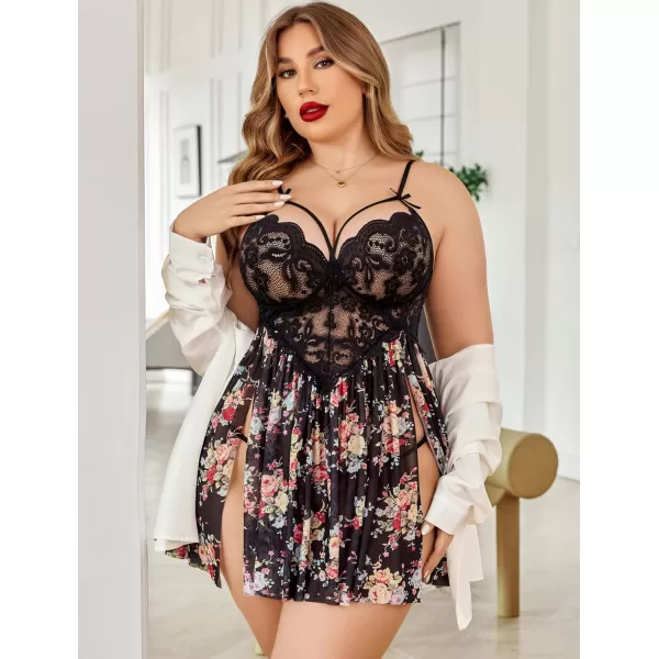 Avidlove Plus Size Lingerie Lace Babydoll Womens Strap Chemise Nightgown V Neck Nighty Mesh Sleepwear Side Slit NightdressPlus Size 1pink Flower Print