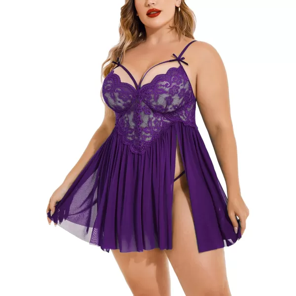 Avidlove Plus Size Lingerie Lace Babydoll Womens Strap Chemise Nightgown V Neck Nighty Mesh Sleepwear Side Slit NightdressPlus Size 1purple