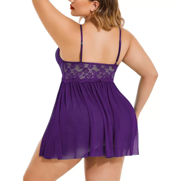 Avidlove Plus Size Lingerie Lace Babydoll Womens Strap Chemise Nightgown V Neck Nighty Mesh Sleepwear Side Slit NightdressPlus Size 1purple