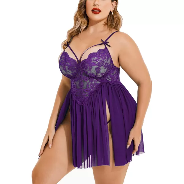 Avidlove Plus Size Lingerie Lace Babydoll Womens Strap Chemise Nightgown V Neck Nighty Mesh Sleepwear Side Slit NightdressPlus Size 1purple