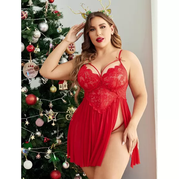 Avidlove Plus Size Lingerie Lace Babydoll Womens Strap Chemise Nightgown V Neck Nighty Mesh Sleepwear Side Slit NightdressPlus Size 1red