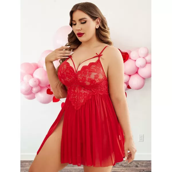 Avidlove Plus Size Lingerie Lace Babydoll Womens Strap Chemise Nightgown V Neck Nighty Mesh Sleepwear Side Slit NightdressPlus Size 1red