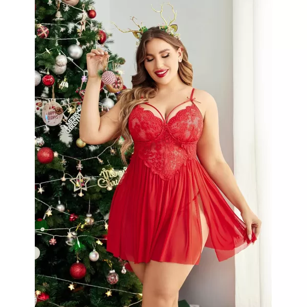 Avidlove Plus Size Lingerie Lace Babydoll Womens Strap Chemise Nightgown V Neck Nighty Mesh Sleepwear Side Slit NightdressPlus Size 1red