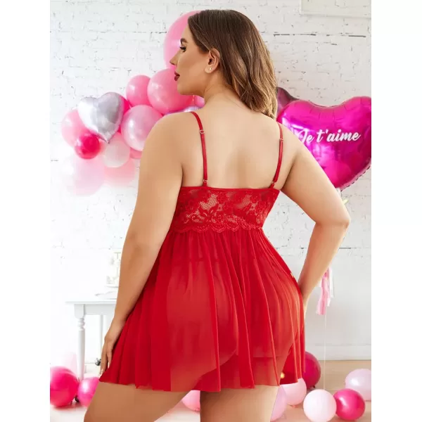 Avidlove Plus Size Lingerie Lace Babydoll Womens Strap Chemise Nightgown V Neck Nighty Mesh Sleepwear Side Slit NightdressPlus Size 1red