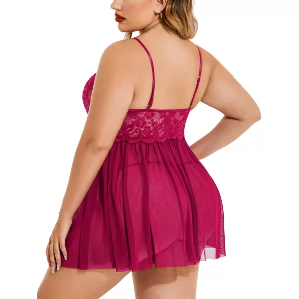 Avidlove Plus Size Lingerie Lace Babydoll Womens Strap Chemise Nightgown V Neck Nighty Mesh Sleepwear Side Slit NightdressPlus Size 1rose Red