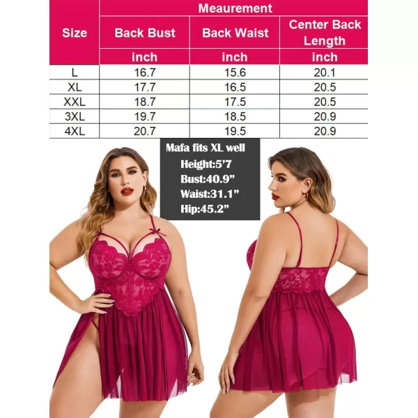 Avidlove Plus Size Lingerie Lace Babydoll Womens Strap Chemise Nightgown V Neck Nighty Mesh Sleepwear Side Slit NightdressPlus Size 1rose Red