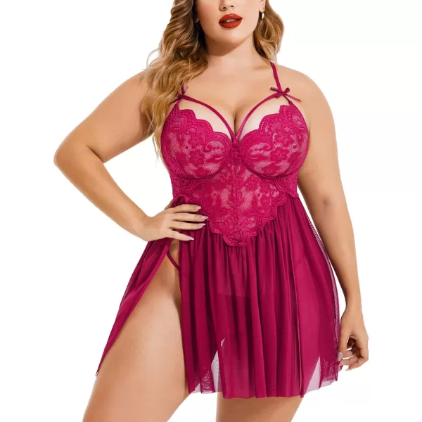 Avidlove Plus Size Lingerie Lace Babydoll Womens Strap Chemise Nightgown V Neck Nighty Mesh Sleepwear Side Slit NightdressPlus Size 1rose Red