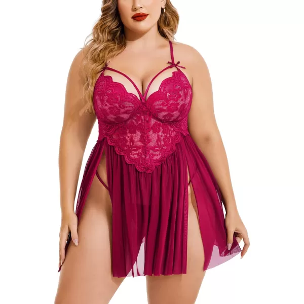 Avidlove Plus Size Lingerie Lace Babydoll Womens Strap Chemise Nightgown V Neck Nighty Mesh Sleepwear Side Slit NightdressPlus Size 1rose Red