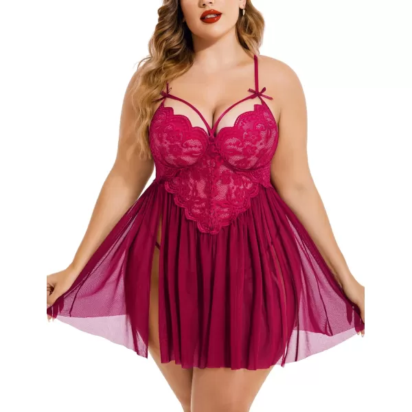 Avidlove Plus Size Lingerie Lace Babydoll Womens Strap Chemise Nightgown V Neck Nighty Mesh Sleepwear Side Slit NightdressPlus Size 1rose Red