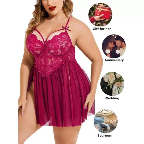 Avidlove Plus Size Lingerie Lace Babydoll Womens Strap Chemise Nightgown V Neck Nighty Mesh Sleepwear Side Slit NightdressPlus Size 1rose Red