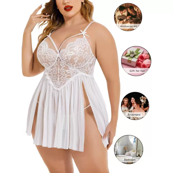 Avidlove Plus Size Lingerie Lace Babydoll Womens Strap Chemise Nightgown V Neck Nighty Mesh Sleepwear Side Slit NightdressPlus Size 1white