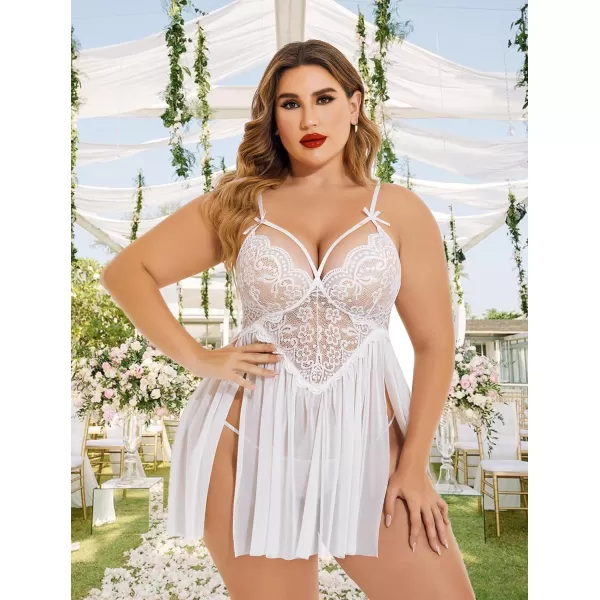 Avidlove Plus Size Lingerie Lace Babydoll Womens Strap Chemise Nightgown V Neck Nighty Mesh Sleepwear Side Slit NightdressPlus Size 1white