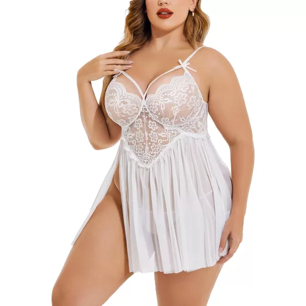 Avidlove Plus Size Lingerie Lace Babydoll Womens Strap Chemise Nightgown V Neck Nighty Mesh Sleepwear Side Slit NightdressPlus Size 1white
