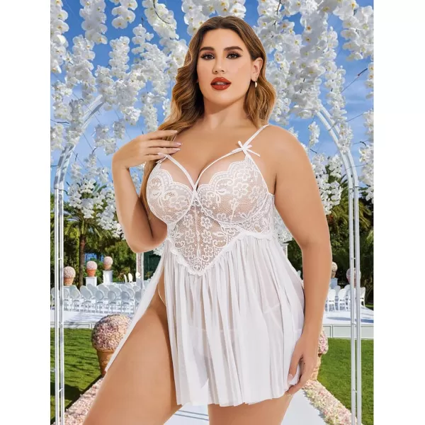 Avidlove Plus Size Lingerie Lace Babydoll Womens Strap Chemise Nightgown V Neck Nighty Mesh Sleepwear Side Slit NightdressPlus Size 1white