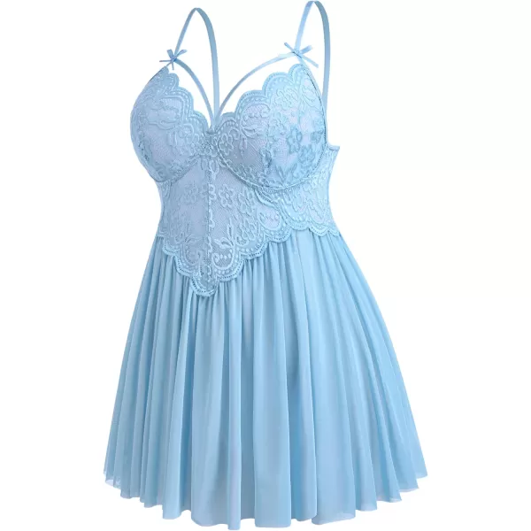 Avidlove Plus Size Lingerie Lace Babydoll Womens Strap Chemise Nightgown V Neck Nighty Mesh Sleepwear Side Slit NightdressPlus Size Light Blue