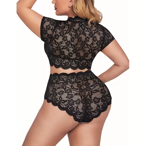 Avidlove Plus Size Lingerie Plus Floral Lace Scallop Trim Lingerie Set Deep V Allover Lace Bra Panties Set Sexy Clubwear1 Black