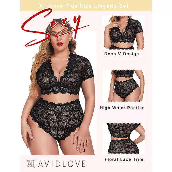 Avidlove Plus Size Lingerie Plus Floral Lace Scallop Trim Lingerie Set Deep V Allover Lace Bra Panties Set Sexy Clubwear1 Black