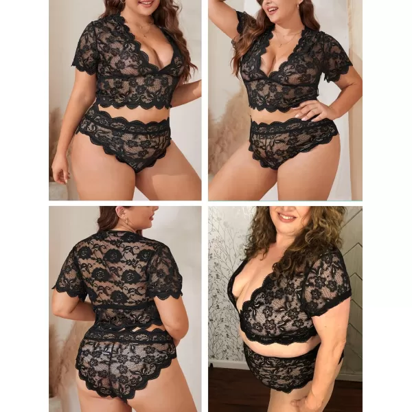 Avidlove Plus Size Lingerie Plus Floral Lace Scallop Trim Lingerie Set Deep V Allover Lace Bra Panties Set Sexy Clubwear1 Black