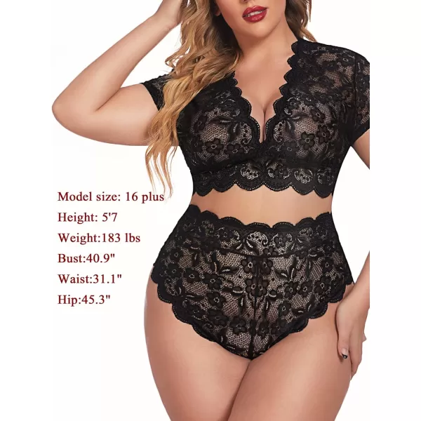 Avidlove Plus Size Lingerie Plus Floral Lace Scallop Trim Lingerie Set Deep V Allover Lace Bra Panties Set Sexy Clubwear1 Black