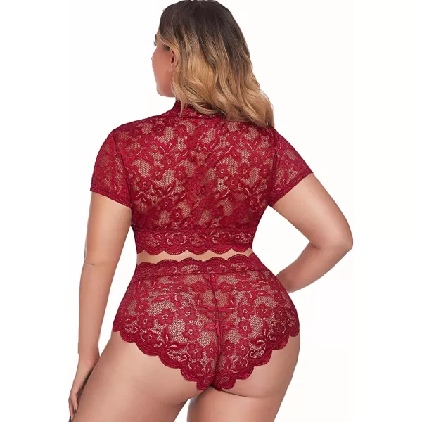 Avidlove Plus Size Lingerie Plus Floral Lace Scallop Trim Lingerie Set Deep V Allover Lace Bra Panties Set Sexy Clubwear1 Wine Red