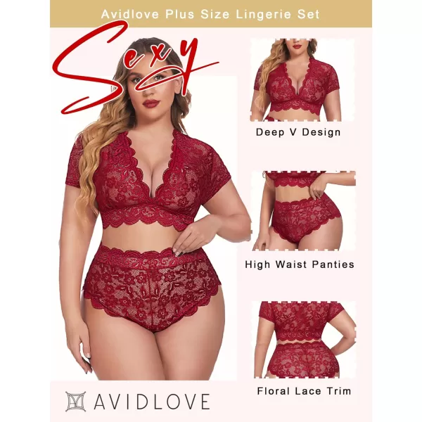 Avidlove Plus Size Lingerie Plus Floral Lace Scallop Trim Lingerie Set Deep V Allover Lace Bra Panties Set Sexy Clubwear1 Wine Red