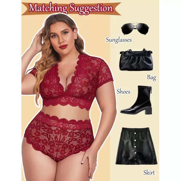 Avidlove Plus Size Lingerie Plus Floral Lace Scallop Trim Lingerie Set Deep V Allover Lace Bra Panties Set Sexy Clubwear1 Wine Red