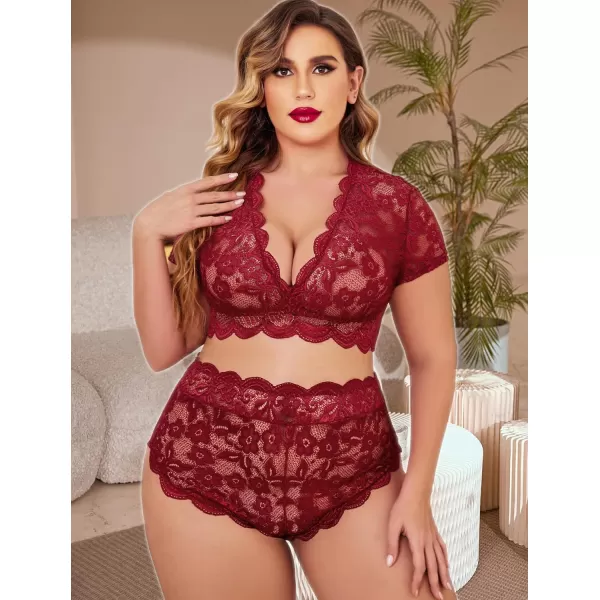 Avidlove Plus Size Lingerie Plus Floral Lace Scallop Trim Lingerie Set Deep V Allover Lace Bra Panties Set Sexy Clubwear1 Wine Red