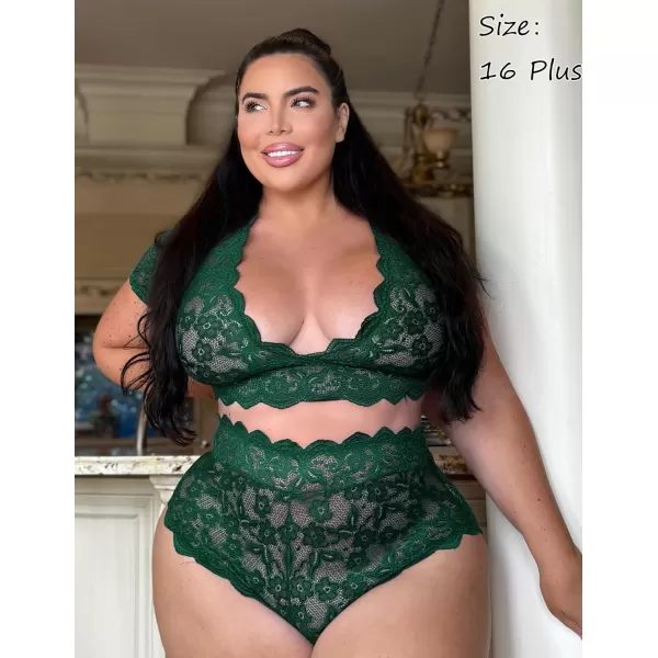 Avidlove Plus Size Lingerie Plus Floral Lace Scallop Trim Lingerie Set Deep V Allover Lace Bra Panties Set Sexy ClubwearDark Green