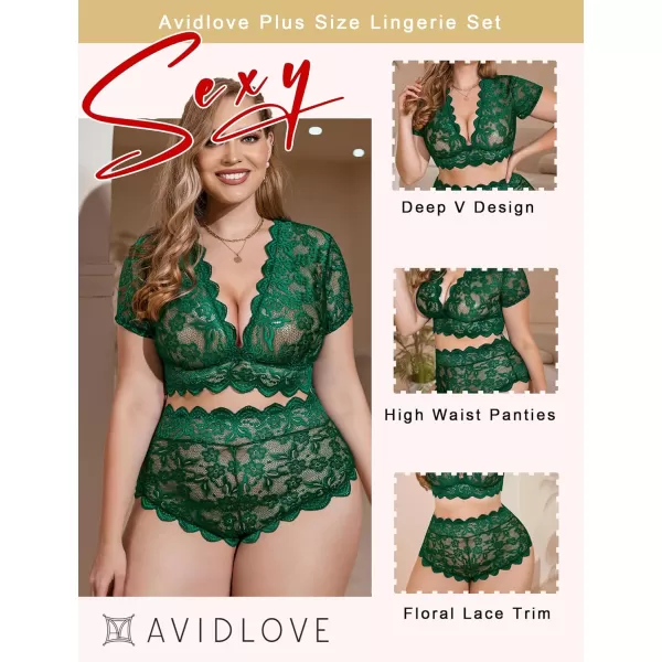 Avidlove Plus Size Lingerie Plus Floral Lace Scallop Trim Lingerie Set Deep V Allover Lace Bra Panties Set Sexy ClubwearDark Green