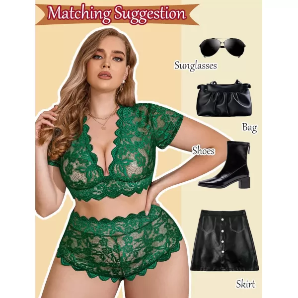 Avidlove Plus Size Lingerie Plus Floral Lace Scallop Trim Lingerie Set Deep V Allover Lace Bra Panties Set Sexy ClubwearDark Green