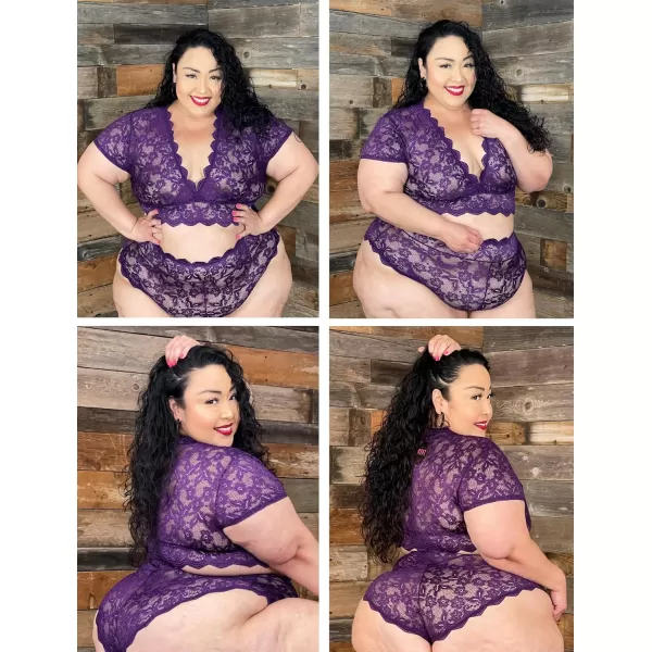Avidlove Plus Size Lingerie Plus Floral Lace Scallop Trim Lingerie Set Deep V Allover Lace Bra Panties Set Sexy ClubwearDark Purple