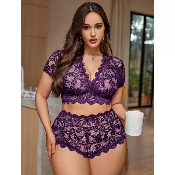Avidlove Plus Size Lingerie Plus Floral Lace Scallop Trim Lingerie Set Deep V Allover Lace Bra Panties Set Sexy ClubwearDark Purple