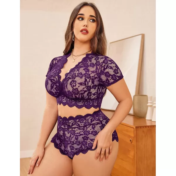 Avidlove Plus Size Lingerie Plus Floral Lace Scallop Trim Lingerie Set Deep V Allover Lace Bra Panties Set Sexy ClubwearDark Purple