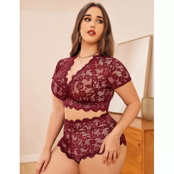 Avidlove Plus Size Lingerie Plus Floral Lace Scallop Trim Lingerie Set Deep V Allover Lace Bra Panties Set Sexy ClubwearDark Red