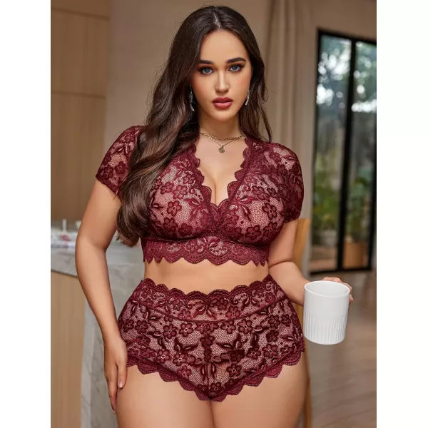 Avidlove Plus Size Lingerie Plus Floral Lace Scallop Trim Lingerie Set Deep V Allover Lace Bra Panties Set Sexy ClubwearDark Red